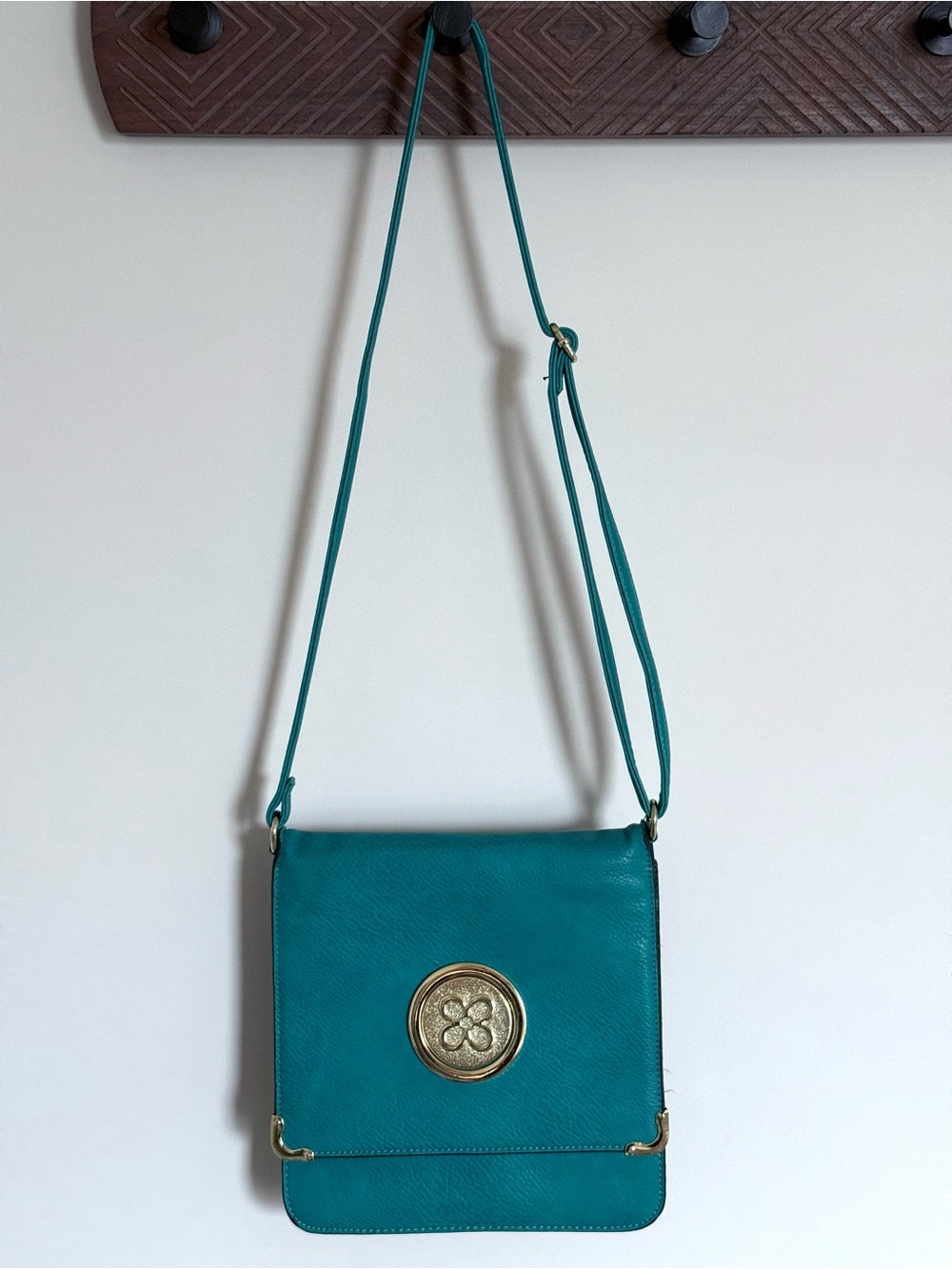 Green Blue Faux Leather Gold Hardware Accordion Flap Shoulder Crossbody Bag